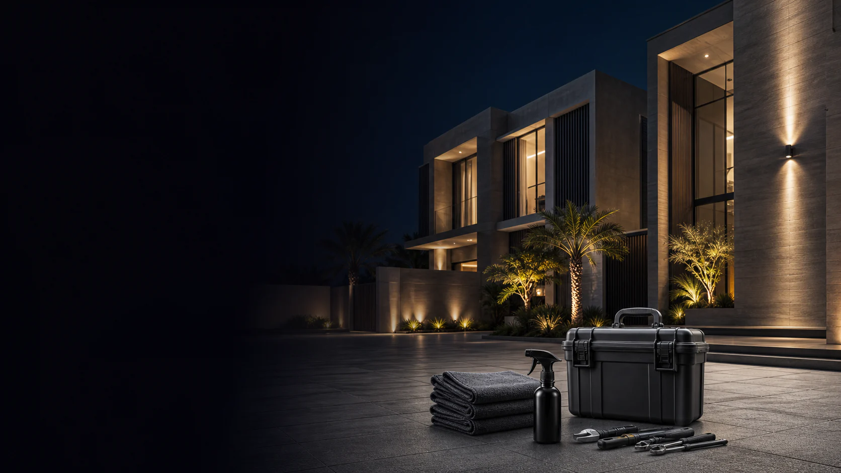 A modern Dubai villa at night with professional Fixperts home-service equipment ready for a visit.