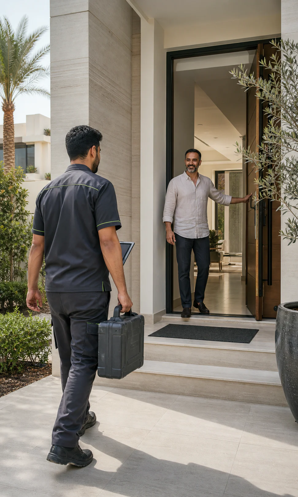 A prepared home-service technician arriving at a modern Dubai villa for a scheduled visit.