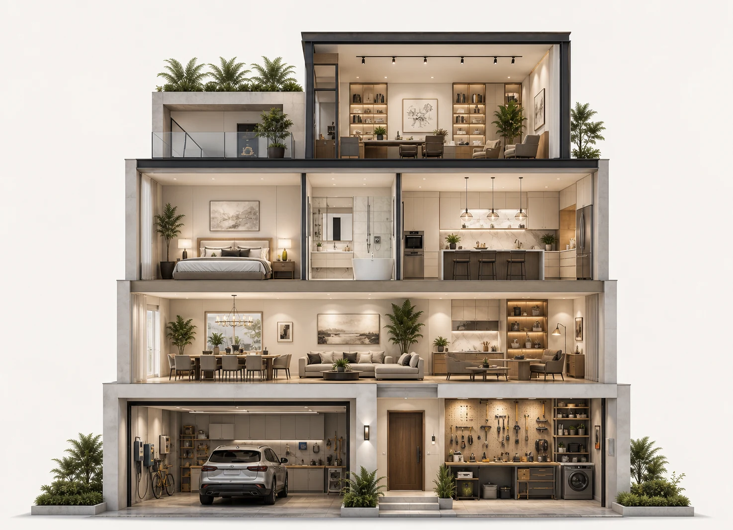Cutaway view of a Dubai home showing maintained, refreshed, renovated, and workshop spaces
