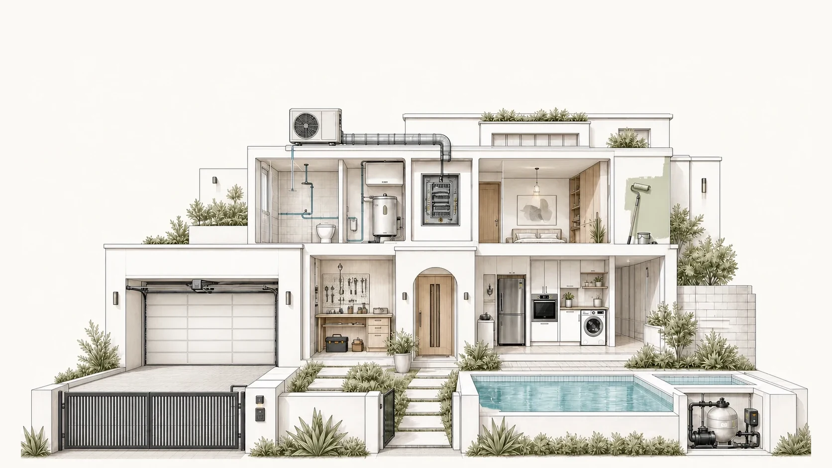 Cutaway illustration of a Dubai villa showing its maintenance systems and service areas.