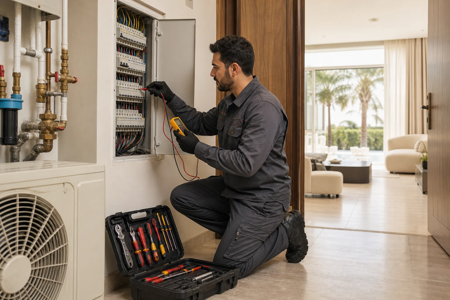 Fixperts maintenance technician testing a villa electrical panel beside home systems