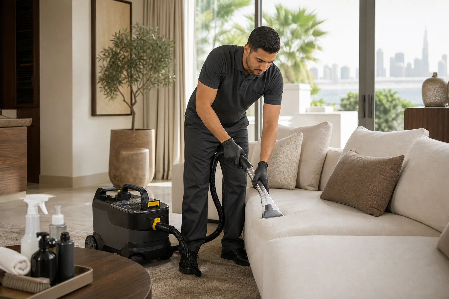 Fixperts cleaning technician deep-cleaning a sofa in a bright Dubai home