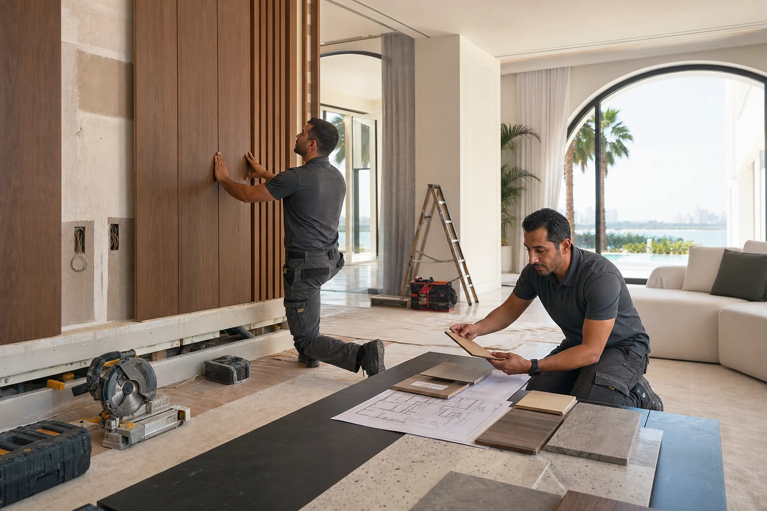Fixperts renovation team installing wall panels and reviewing finishes in a Dubai villa