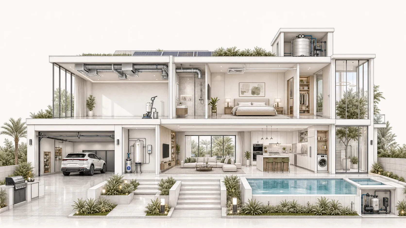 Cutaway illustration of a Dubai villa showing Refresh cleaning and home wellness service areas.
