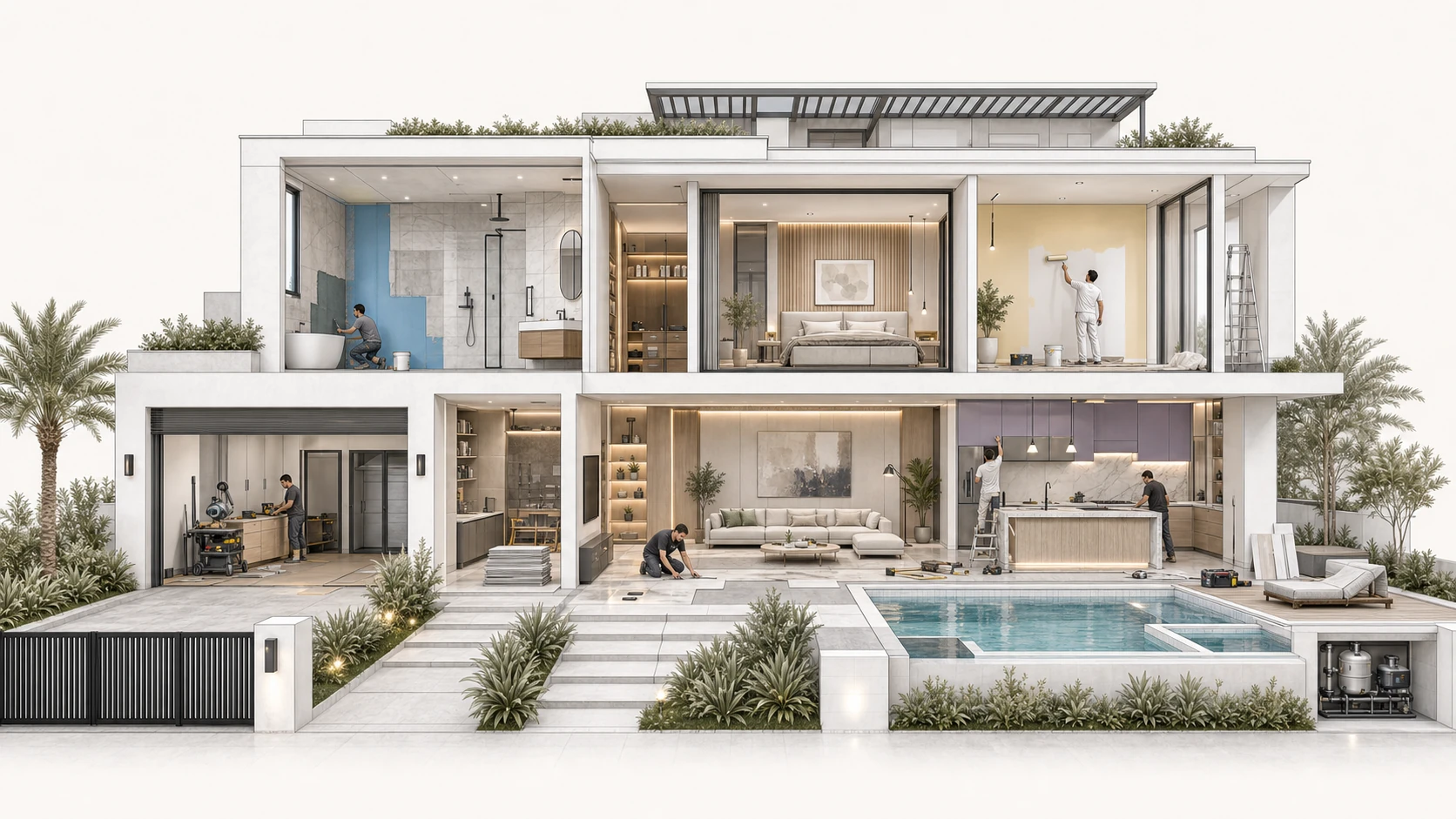 Cutaway villa showing coordinated renovation work across bathrooms, bedrooms, living areas, kitchen, exterior, and pool