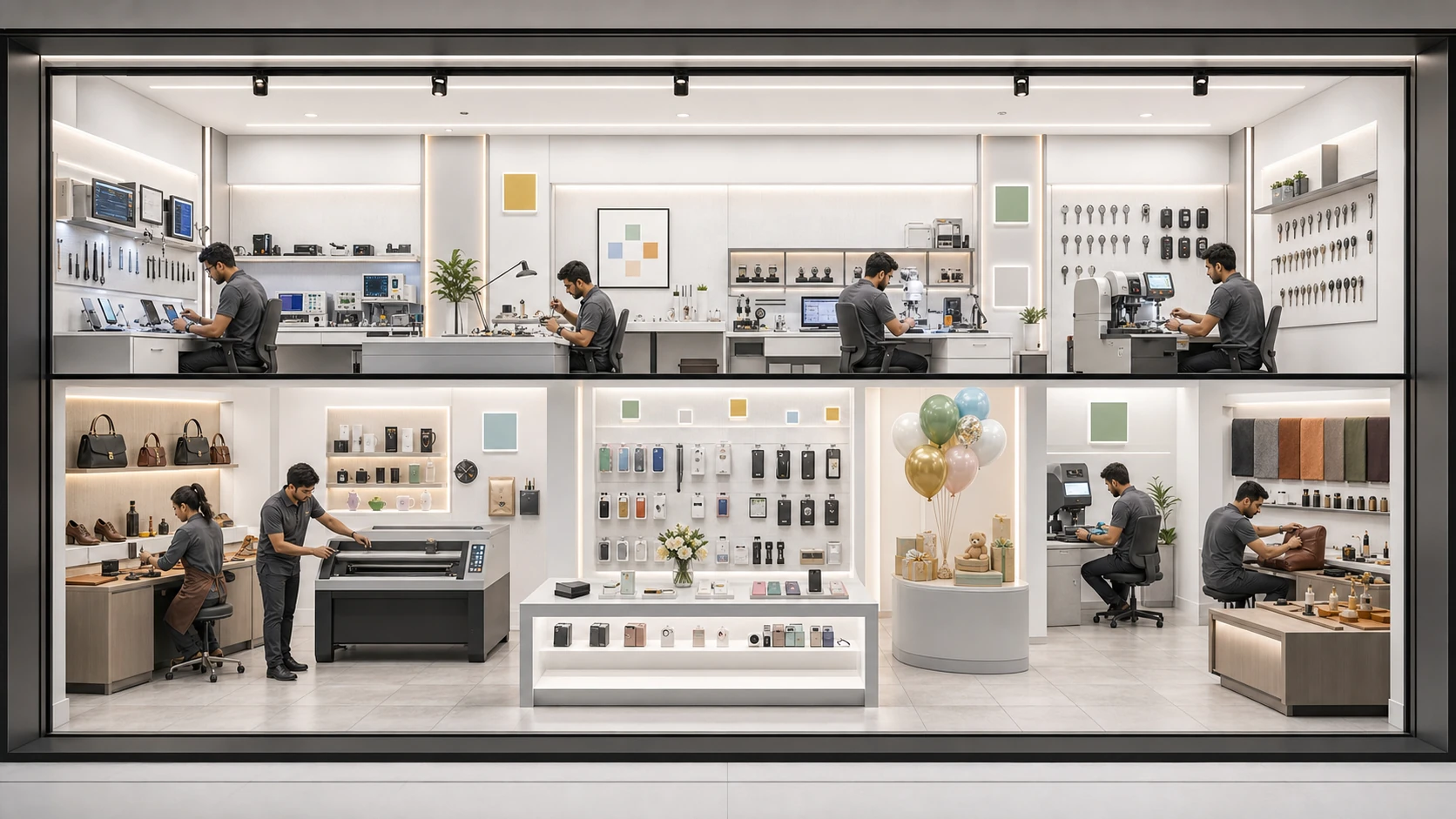 Cutaway Fixperts workshop showing specialist stations for device, watch, key, shoe, engraving, gifting, stamp, and leather services